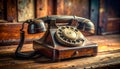 Retro rotary phone close-up on an old wooden desk. Vintage concept. Royalty Free Stock Photo