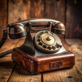 Retro rotary phone close-up on an old wooden desk. Vintage concept. Royalty Free Stock Photo