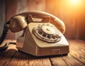Retro rotary phone close-up on an old wooden desk. Vintage concept. Royalty Free Stock Photo