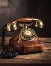 Retro rotary phone close-up on an old wooden desk. Vintage concept. Royalty Free Stock Photo
