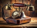 Retro rotary phone close-up on an old wooden desk. Vintage concept. Royalty Free Stock Photo