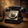 Retro rotary phone close-up on an old wooden desk. Vintage concept. Royalty Free Stock Photo