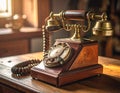 Retro rotary phone close-up on an old wooden desk. Vintage concept. Royalty Free Stock Photo
