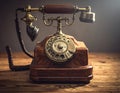 Retro rotary phone close-up on an old wooden desk. Vintage concept. Royalty Free Stock Photo