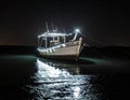 A wooden fishing boat is moored in shallow water at night, illuminated by string lights along the deck Royalty Free Stock Photo