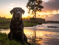 A black Labrador Retriever sits by the edge of a tranquil water body during sunset Royalty Free Stock Photo