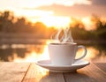 A white ceramic cup filled with steaming hot coffee sits on a matching saucer atop a wooden tabletop Royalty Free Stock Photo