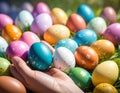 Colorful Easter eggs scattered on grass, featuring a hand holding two eggs in the foreground Royalty Free Stock Photo