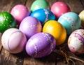 A collection of colorful, hand-painted Easter eggs is displayed on a wooden surface Royalty Free Stock Photo