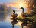 Two mallard ducks (*Anas platyrhynchos*) rest on a grassy riverbank at sunset Royalty Free Stock Photo