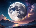 A large, detailed moon dominates the sky, casting reflections on a calm lake surrounded by rugged mountains Royalty Free Stock Photo