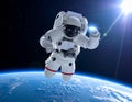 An astronaut in a white extravehicular activity (EVA) suit floats in space above Earth Royalty Free Stock Photo