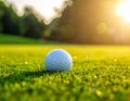 A close-up of a golf ball resting on a well-manicured green grass field Royalty Free Stock Photo