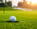 Golf ball poised on the edge of a hole on a golf course, surrounded by a lush expanse of green grass Royalty Free Stock Photo