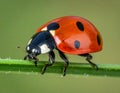 Close-up of a ladybug, Coccinella septempunctata, on a green blade of grass Royalty Free Stock Photo