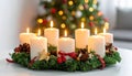 Christmas advent wreath with burning candles. Lights on x-mas tree in background Royalty Free Stock Photo