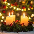 Christmas advent wreath with burning candles. Lights on x-mas tree in background Royalty Free Stock Photo