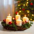 Christmas advent wreath with burning candles. Lights on x-mas tree in background Royalty Free Stock Photo