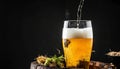 Closeup pour light ale beer in pint glass over black background Royalty Free Stock Photo