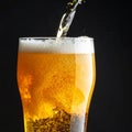 Closeup pour light ale beer in pint glass over black background Royalty Free Stock Photo