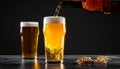 Closeup pour light ale beer in pint glass over black background Royalty Free Stock Photo