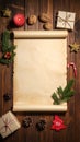 Frame with vintage paper and Christmas decorations on wooden background Royalty Free Stock Photo