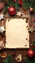 Frame with vintage paper and Christmas decorations on wooden background Royalty Free Stock Photo