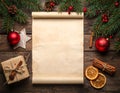 Frame with vintage paper and Christmas decorations on wooden background Royalty Free Stock Photo