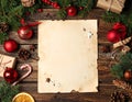 Frame with vintage paper and Christmas decorations on wooden background Royalty Free Stock Photo
