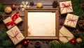 Frame with vintage paper and Christmas decorations on wooden background Royalty Free Stock Photo