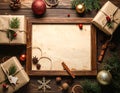Frame with vintage paper and Christmas decorations on wooden background Royalty Free Stock Photo