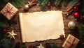 Frame with vintage paper and Christmas decorations on wooden background Royalty Free Stock Photo
