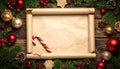Frame with vintage paper and Christmas decorations on wooden background Royalty Free Stock Photo