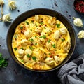 Frying pan with scrambled eggs stuffed with edible yucca flowers.Diet omelet Royalty Free Stock Photo