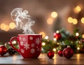 Christmas Concept - Red mug with white snowflake patterns emits steam against a blurred background AI Generated image Royalty Free Stock Photo