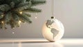 A Christmas ornament featuring the world map on a spherical surface hangs next to a branch of a pine tree. AI Generated image Royalty Free Stock Photo