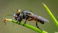 A Red-footed Cannibalfly (Promachus rufipes) cradling its prey. Raleigh, North Carolina Royalty Free Stock Photo