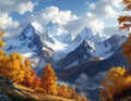 Snow Capped Mountain Range with Autumn Foliage Royalty Free Stock Photo