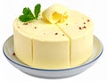 A round block of butter with a smooth surface is presented on a round white plate with a blue rim Royalty Free Stock Photo