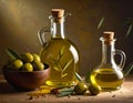 Two glass bottles filled with olive oil, each sealed with a cork stopper, placed on a wooden surface Royalty Free Stock Photo