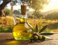 A clear glass cruet filled with olive oil features a cork stopper, resting on a wooden surface Royalty Free Stock Photo