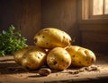 A group of fresh potatoes (Solanum tuberosum) is arranged on a rustic wooden surface Royalty Free Stock Photo