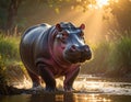 A hippopotamus (Hippopotamus amphibius) emerges from water in a serene natural setting Royalty Free Stock Photo