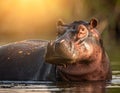 A hippopotamus (Hippopotamus amphibius) partially submerged in water, gazing intently Royalty Free Stock Photo