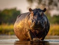 A hippopotamus (Hippopotamus amphibius) stands partially submerged in water Royalty Free Stock Photo