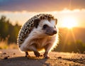 A hedgehog (family Erinaceidae) is captured against a sunset backdrop Royalty Free Stock Photo
