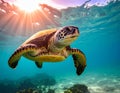 A green sea turtle (Chelonia mydas) gracefully swims in clear, turquoise waters. Royalty Free Stock Photo