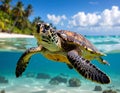 A graceful sea turtle (family Cheloniidae) swims in the crystal-clear waters of a tropical beach Royalty Free Stock Photo