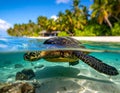 Green sea turtle (Chelonia mydas) swimming in clear turquoise waters near a tropical beach Royalty Free Stock Photo