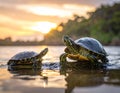 Two turtles rest on a rock by the water\'s edge Royalty Free Stock Photo